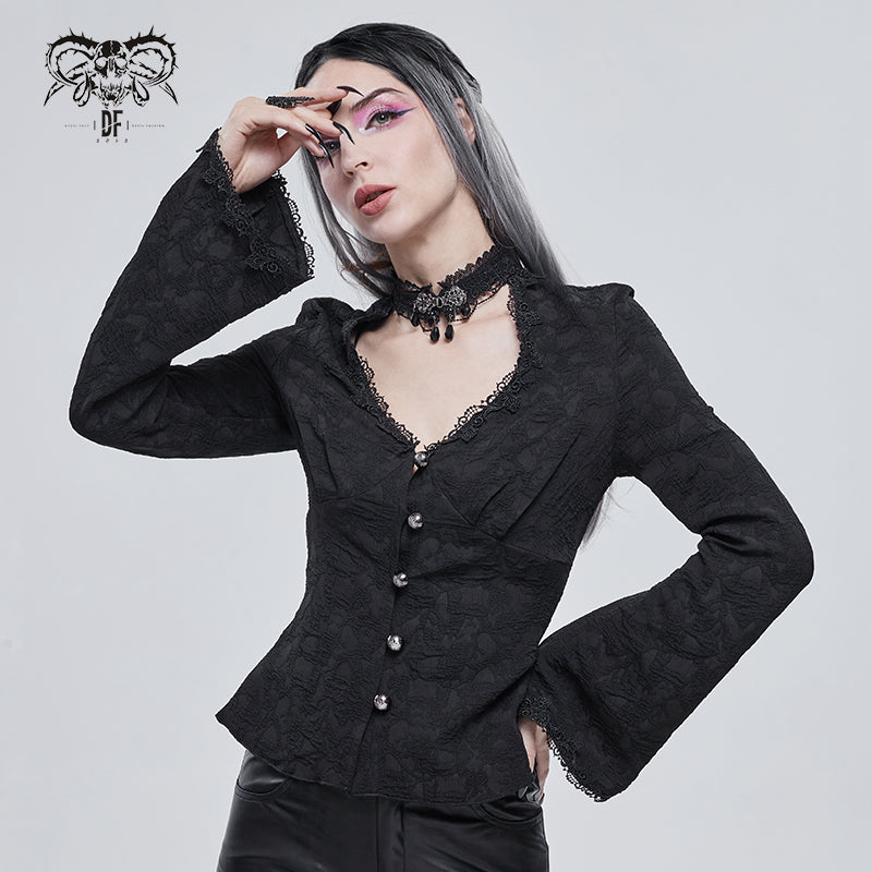 SHT078 sexy women gothic flared sleeves V-neck lace blouse with pendant