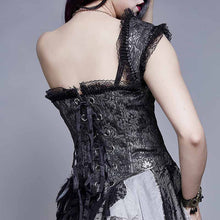 Load image into Gallery viewer, ECST002 Black and silver irregular chiffon lace and ruffles hem corset with shoulder strap
