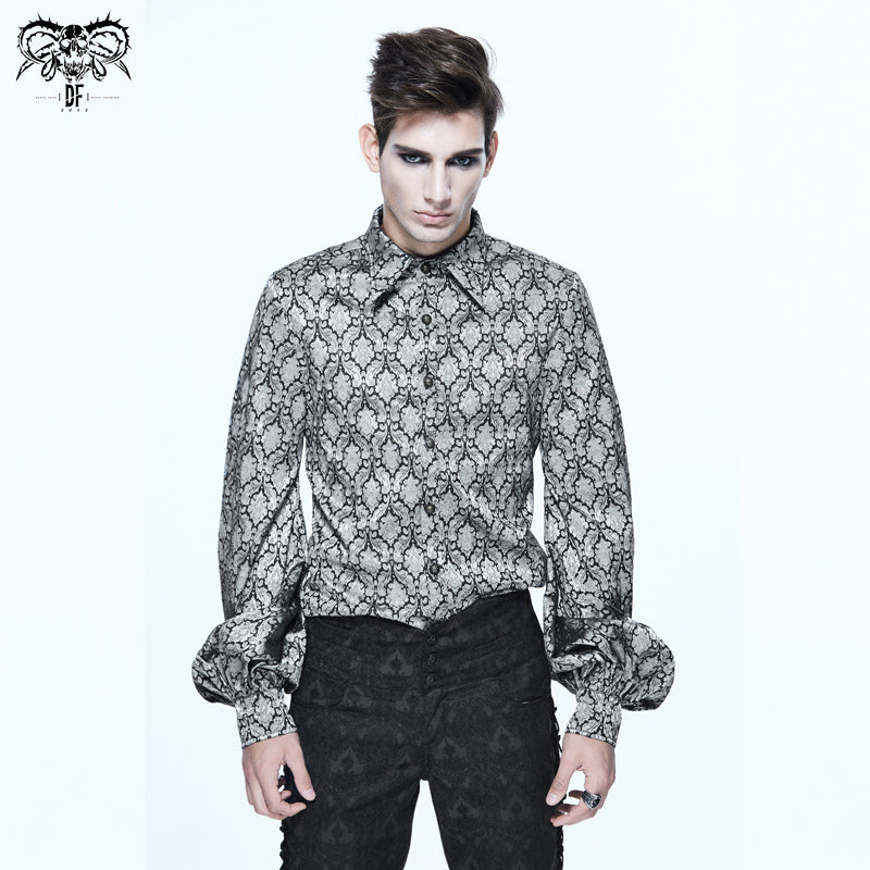 SHT026 Gothic basic style black and silver jacquard long sleeves men shirt with bow tie