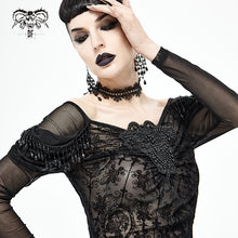 Load image into Gallery viewer, TT169 Gothic Off The Shoulder Back Swing Collar Printed Mesh T-shirt

