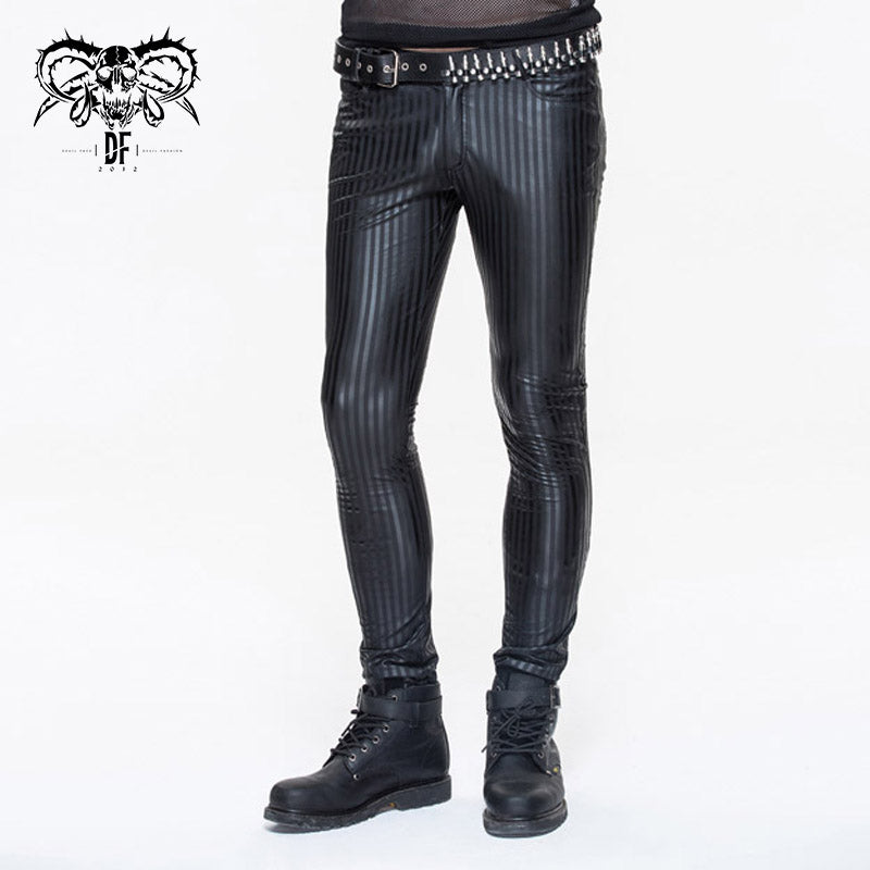 PT045 Autumn and winter men daily life style vertical stripes elastic punk leather trousers