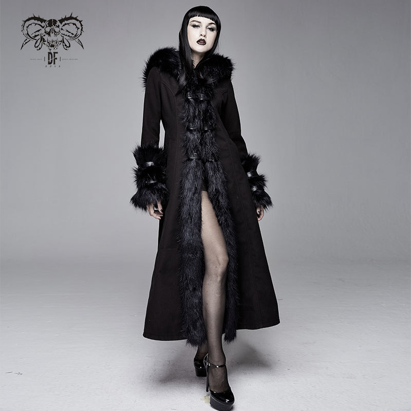 CT12601 winter sexy women black Gothic double-faced woolen hooded long coat with fur