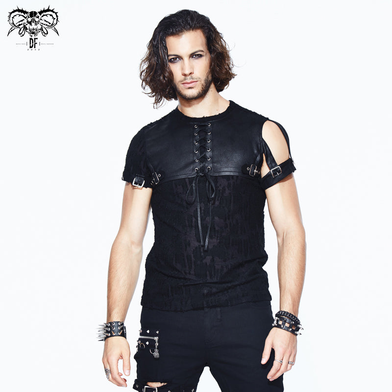 TT097 daily punk leather spliced irregular detachable sleeve lace up men T-shirt
