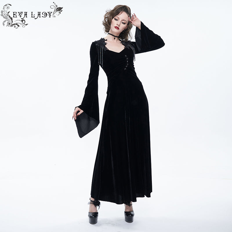 ESKT033 V neck flare sleeves velvet fringed lace gothic sexy ladies women black long party dress