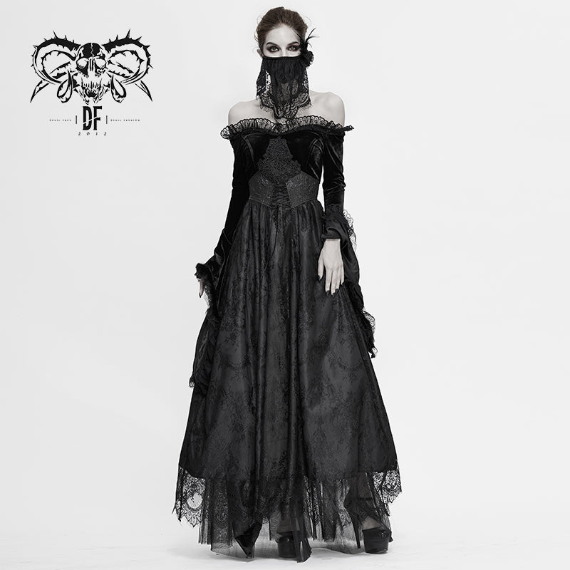 SKT120 Gothic off shoulder lace pleated sexy women formal long dress with fur collar