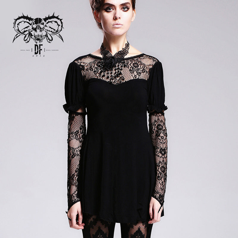 TT001 Gothic sexy women mid-length gothic patterned lace Modal T-shirt with necklace