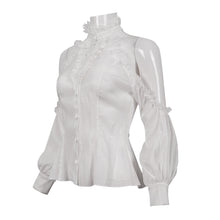 Load image into Gallery viewer, SHT08102 stand collar white fitted waist sexy ladies off the shoulder vertical striped lace Gothic shirts
