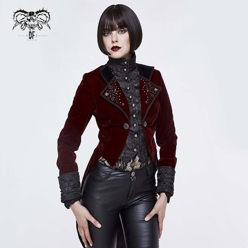 CT119 Black and red gothic embroidered women velveteen swallowtail coat