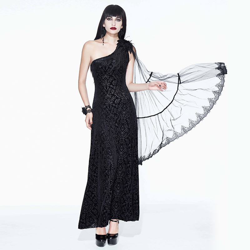 ESKT015 One-shoulder asymmetrical dark pattern stretchy velvet long dress with shawl
