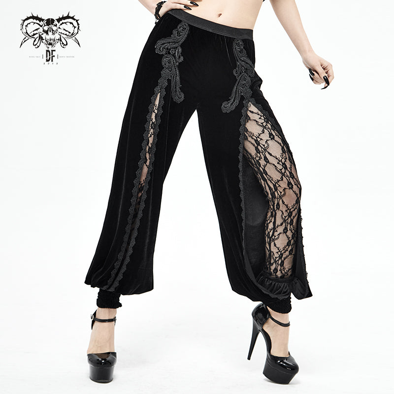 Devil Fashion Black Gothic Vintage Sexy Velvet Lace Flared Trousers for  Women 