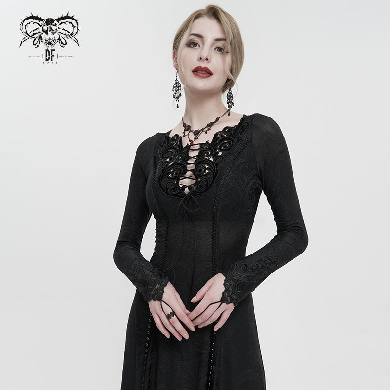 SKT144 gothic dark pattern long sleeve long dress