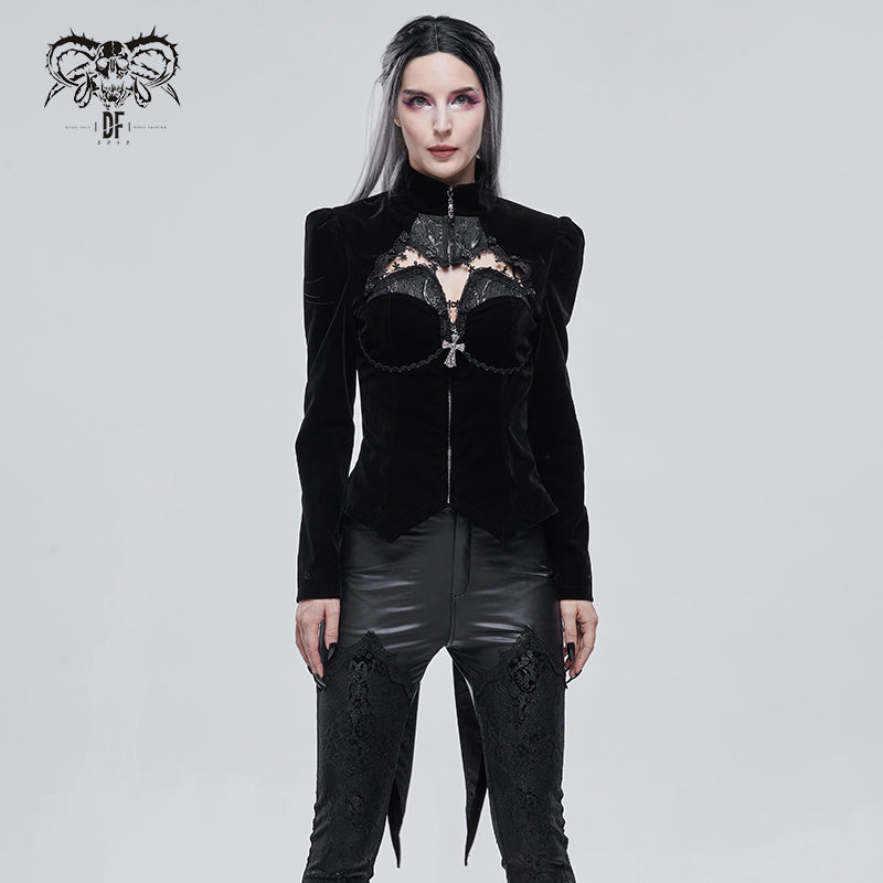CT161 Devil Fashion new arrival bat shape cutout chest stand collar Gothic appliqued women short velvet jacket with dovetail