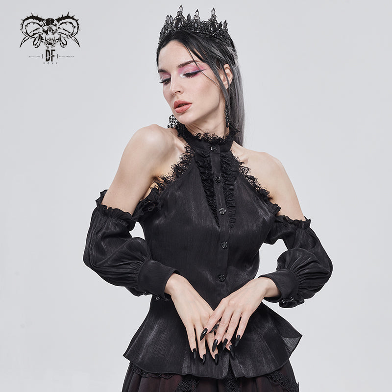 SHT08101 summer black fitted waist sexy women off the shoulder vertical striped lace Gothic blouse