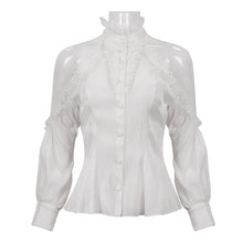 Load image into Gallery viewer, SHT08102 stand collar white fitted waist sexy ladies off the shoulder vertical striped lace Gothic shirts
