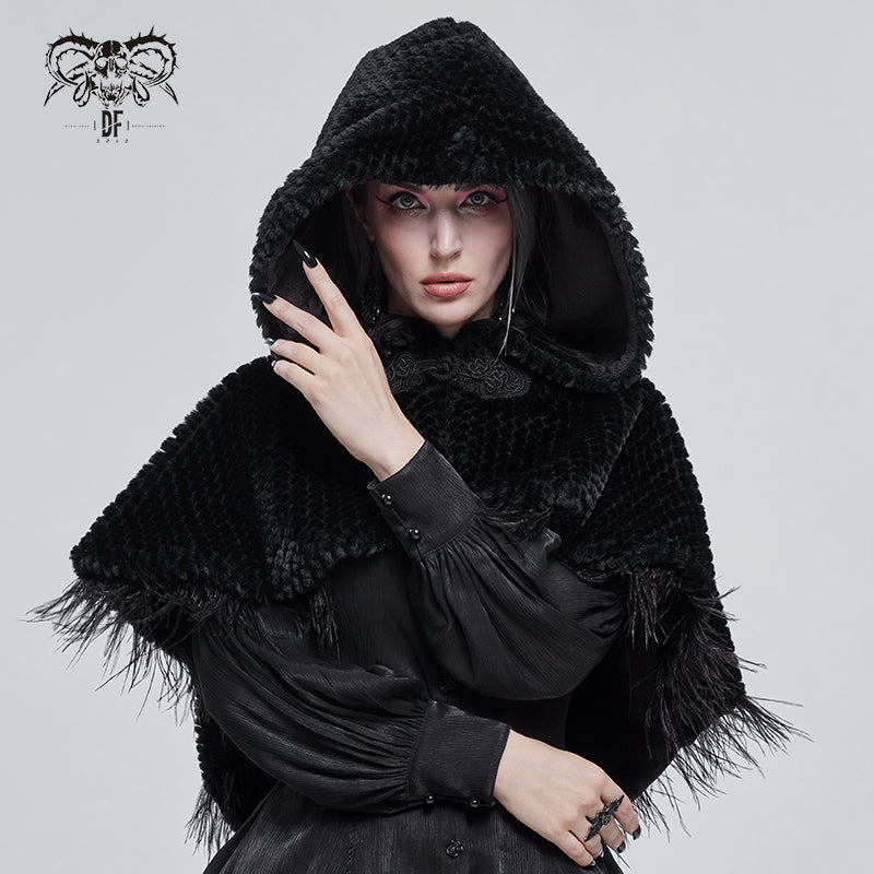 CA02501 Short dark grained plush hooded cloak