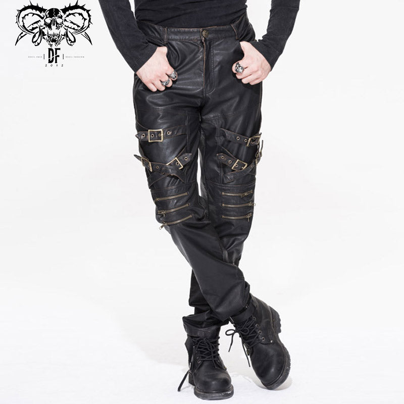 PT03702 punk rock biker bronze winter men leather trousers with zipper and loops