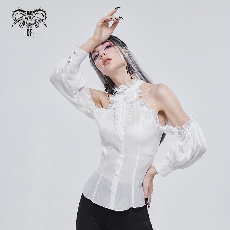 SHT08102 stand collar white fitted waist sexy ladies off the shoulder vertical striped lace Gothic shirts