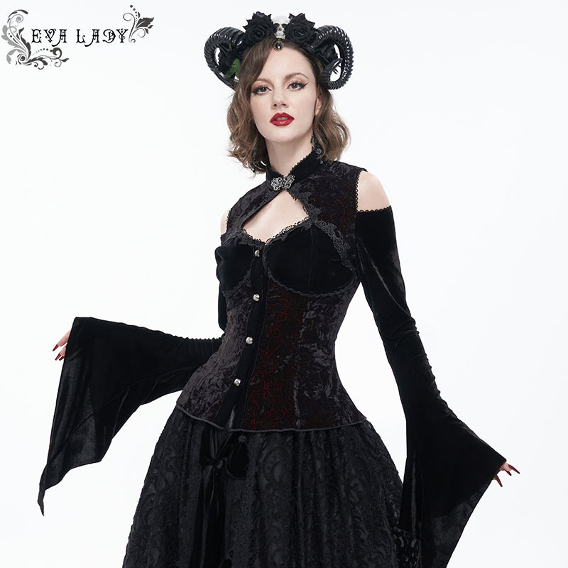 ESHT012 Autumn dark wine cut out chest off the shoulder flare sleeves sexy women gothic blouse