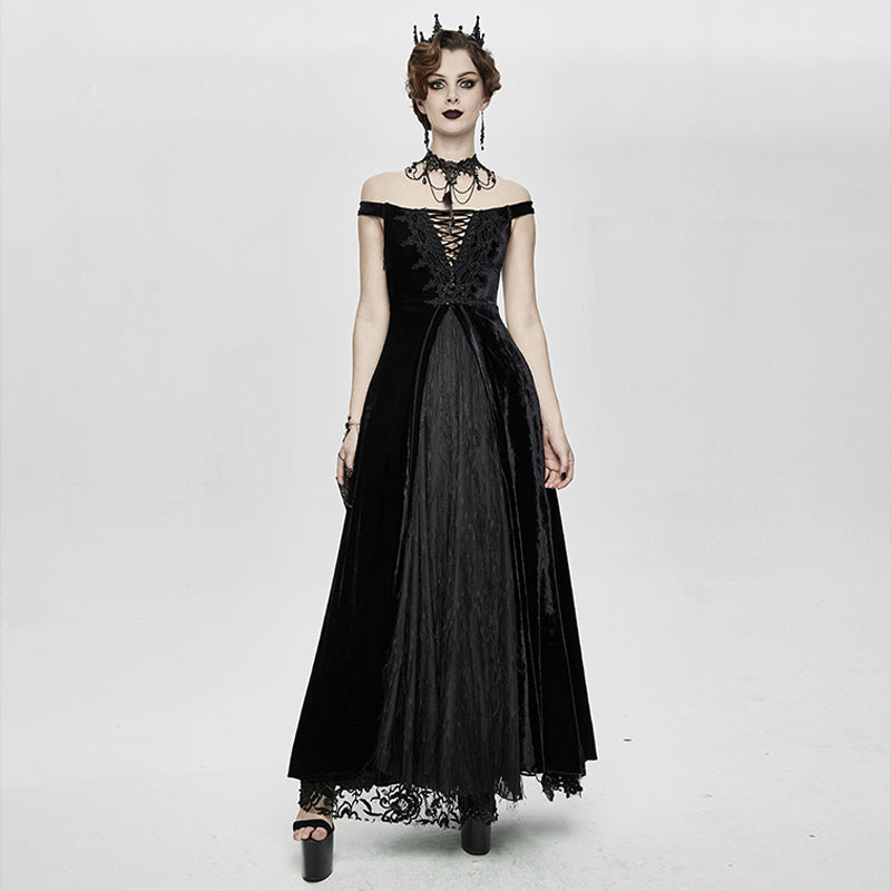 ESKT027 Gothic party Queen velvet flat shouders lace up deep V chest slim sexy long dress