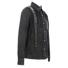 Load image into Gallery viewer, SHT049 Spring asymmetric design mesh spliced punk rock black men shirts with straps and pocket
