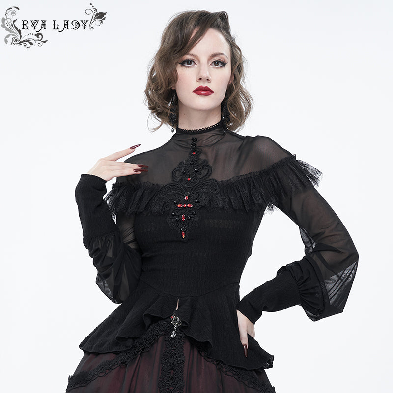 ETT025 mesh horizontal neck sheer lace lantern sleeve gothic women top with red diamond