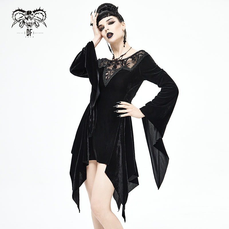 black velvet gothic dress Black Velvet Lace-Up Dress with Gothic Applique Details main image 0