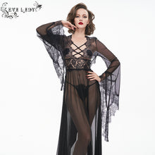 Load image into Gallery viewer, ESX004 see through flared sleeve lace black long night dress sexy lingerie
