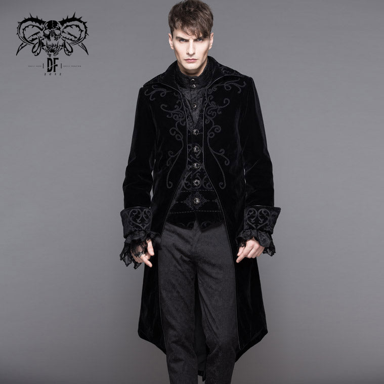 CT02801 Men black gothic hand-embroidered fake two pieces velvet coats