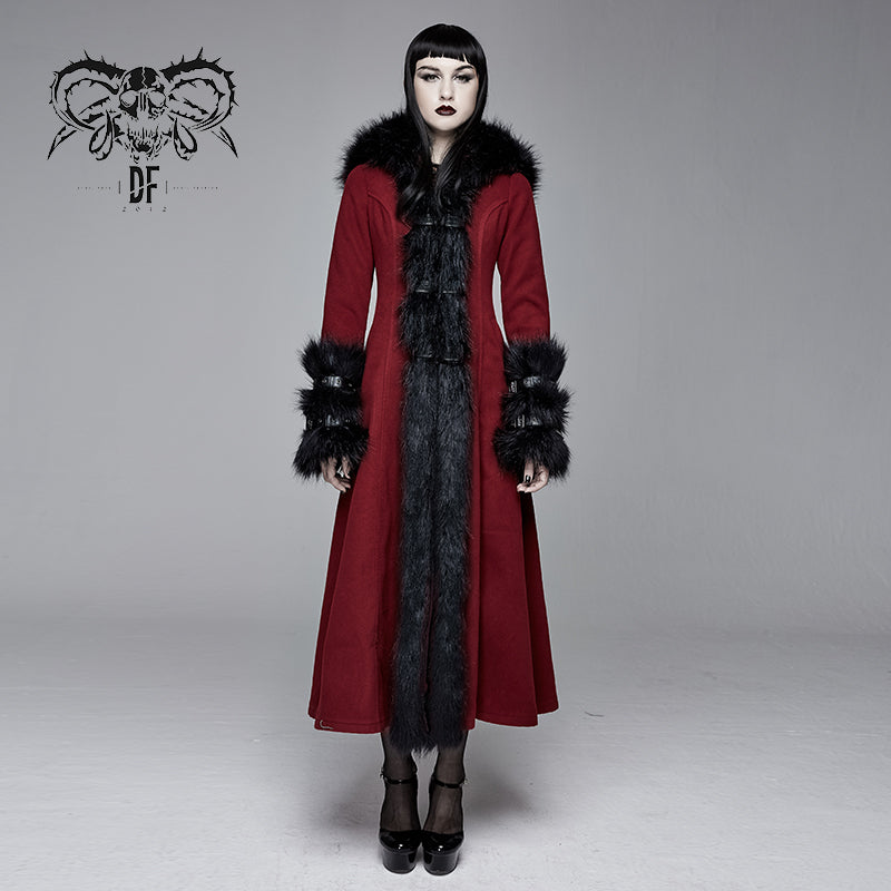 CT12602 daily life winter sexy women red gothic party woolen hooded long coat with fur