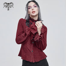 Load image into Gallery viewer, SHT07602 red daily flowers shoulder flared sleeves striped laced up gothic sexy women blouse
