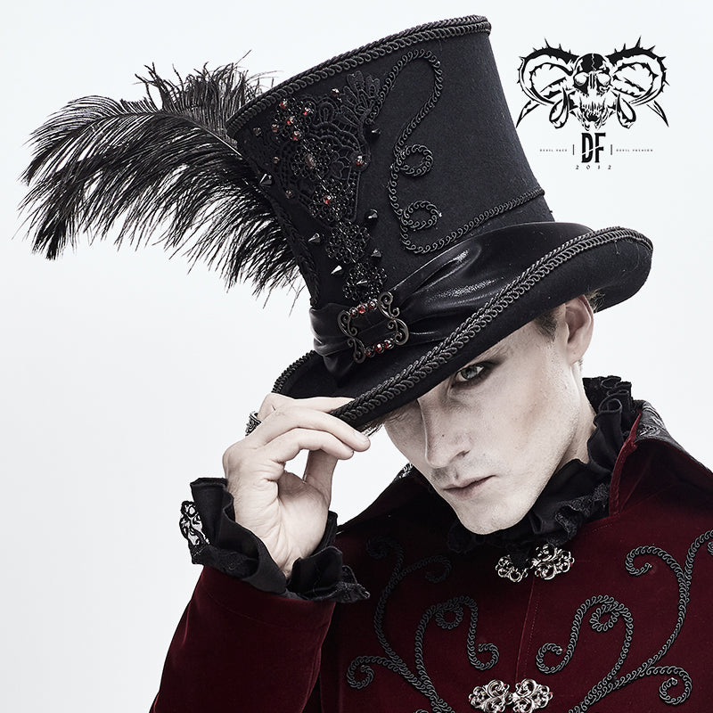 AS069 Gothic gentleman feather high quality spiked woolen top hats