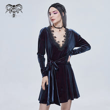 Load image into Gallery viewer, SKT141 daily life Black and red deep V neck sexy girls velvet loose lace belted dress
