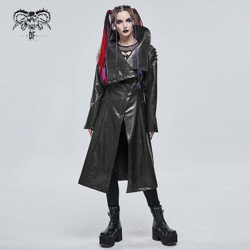 CT17901 punk women winter Black grey puff big collar long leather coat