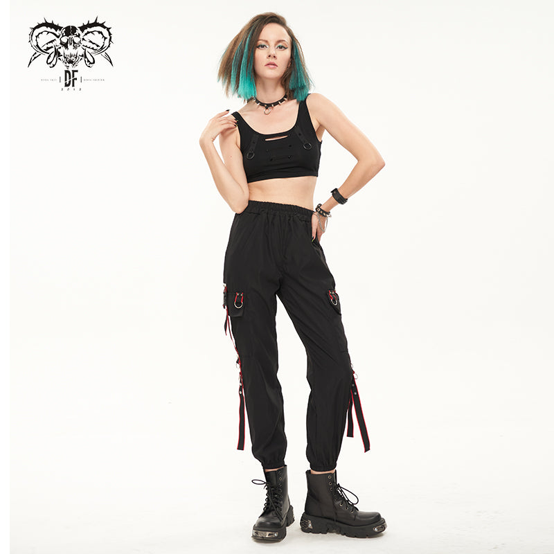 PT180 brand new arrival red straps elastic waistband contrast color women punk cargo pants with side pockets