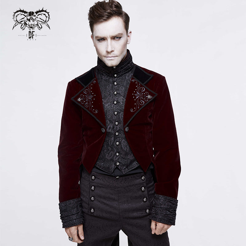 CT117 Gothic palace embroidered metal rivets wine dovetail coat for men
