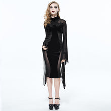 Load image into Gallery viewer, ESKT020 Gothic Cross shape stand collar flared sleeves sexy ladies stretchy middle length velvet dress
