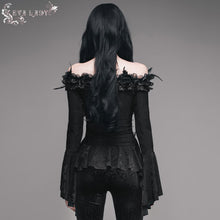 Load image into Gallery viewer, ETT002 Feather rose horizontal neck dark pattern stretchy jacquard sexy women t-shirt
