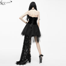 Load image into Gallery viewer, ESKT016 Gothic wedding strapless feathered sexy short velveteen dress with rose lace tail

