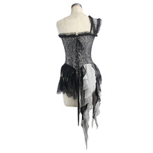 Load image into Gallery viewer, ECST002 Black and silver irregular chiffon lace and ruffles hem corset with shoulder strap
