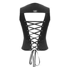Load image into Gallery viewer, WT046 zipper up hollow out lace up punk women black leather vests with loops
