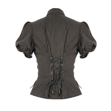 Load image into Gallery viewer, SHT043 Steampunk bubble short-sleeved striped brown women slim cotton blouse

