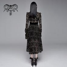 Load image into Gallery viewer, SKT09801 daily black Queen floral flocking printed long sleeves velvet tunic dress with tie
