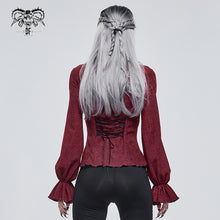 Load image into Gallery viewer, SHT07602 red daily flowers shoulder flared sleeves striped laced up gothic sexy women blouse
