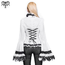 Load image into Gallery viewer, SHT00902 party gothic big flared sleeves bandage black and white color contrast women blouse with necktie
