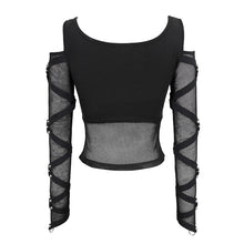 Load image into Gallery viewer, TT048 mesh spliced off the shoulder sexy women punk long sleeves T-shirts

