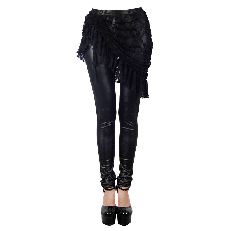 PT019 daily sexy women autumn black leather leggings with rose lace skirts