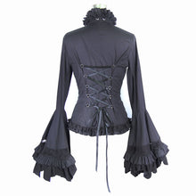 Load image into Gallery viewer, SHT00901 Women gothic big flared sleeves lace up black cotton blouse with necktie
