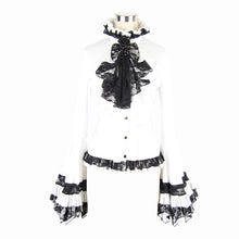 Load image into Gallery viewer, SHT00902 party gothic big flared sleeves bandage black and white color contrast women blouse with necktie
