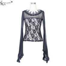 Load image into Gallery viewer, ETT052 Transparent rose lace horn sleeves big round neck sexy women stretchy t-shirt
