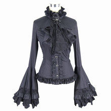 Load image into Gallery viewer, SHT00901 Women gothic big flared sleeves lace up black cotton blouse with necktie
